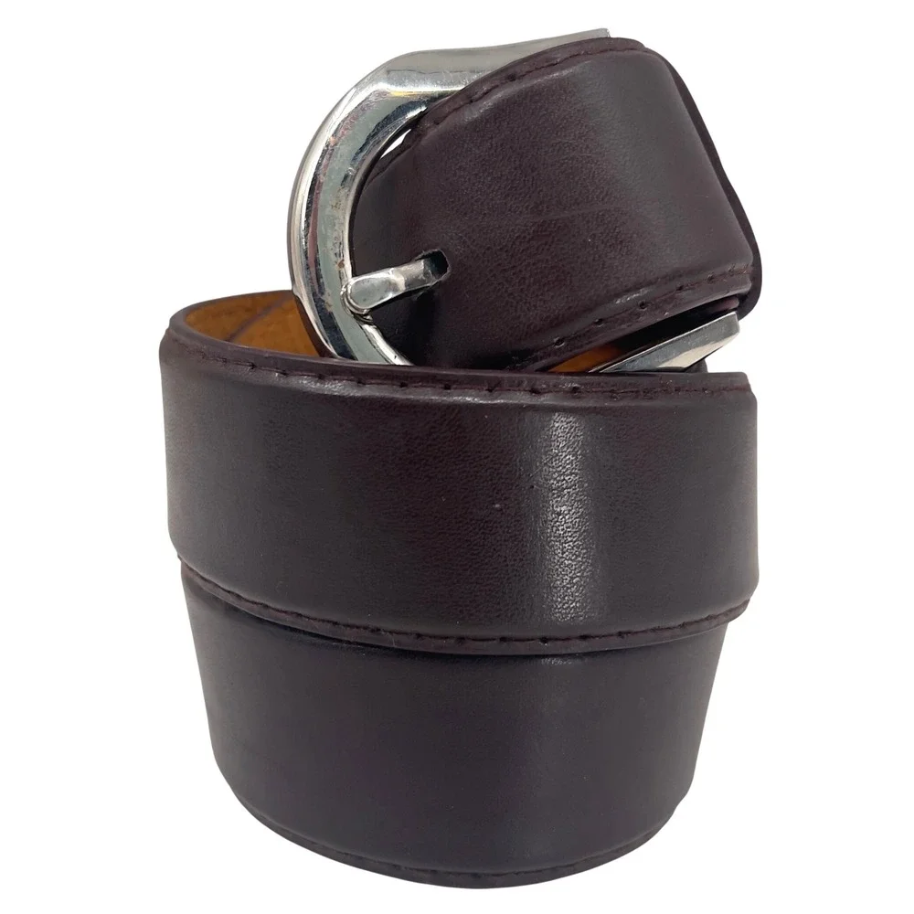 Men's Dark Brown‎ Leather Belt Silver Buckle Classic Dress Casual Size L 33-36